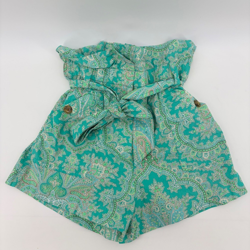 J.Crew Collection Paisley Paperbag Waist Shorts 0 Teal Green Belted Womens